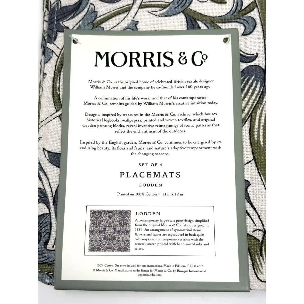 William Morris & Co Placemats Lodden 100% Cotton Fabric 13x19 Set 4 Green Blue